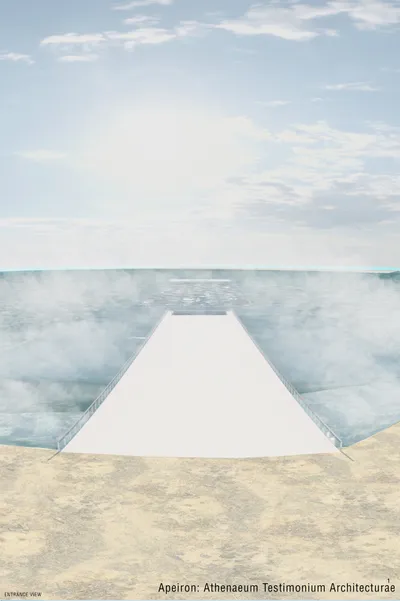 The image presents a minimalist architectural rendering of a pier extending into the sea. The pier, 