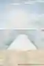 The image presents a minimalist architectural rendering of a pier extending into the sea. The pier, 