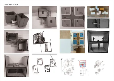 The image presents a collage of architectural concepts in their early stages. It showcases a variety