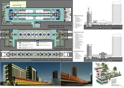 This architectural image presents a comprehensive design for an underground metro station, showcasin