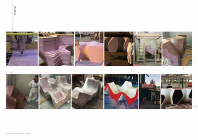 The image showcases the fabrication process of a prototype urban furniture piece, named "Pulse." It 