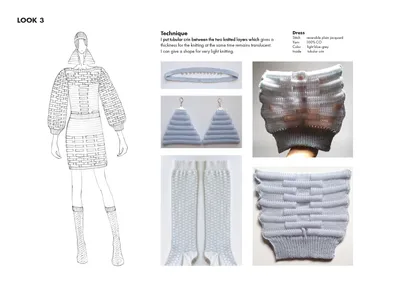 The image showcases a fashion design concept, featuring a sketch of a knitted dress alongside detail