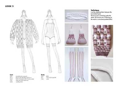 This presentation board showcases a fashion design concept, featuring illustrations of garments and 