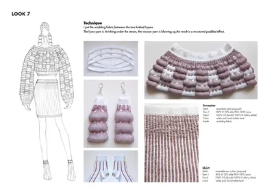This image showcases a fashion design concept, featuring a sketch of an outfit alongside fabric samp