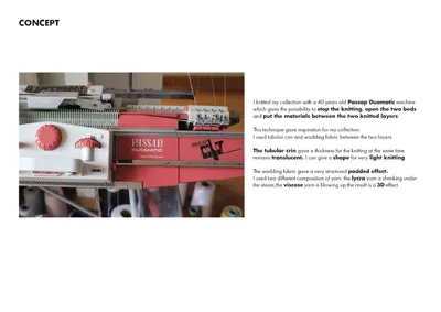 The image showcases a Passap Duomatic knitting machine, highlighting its role in creating a textile 