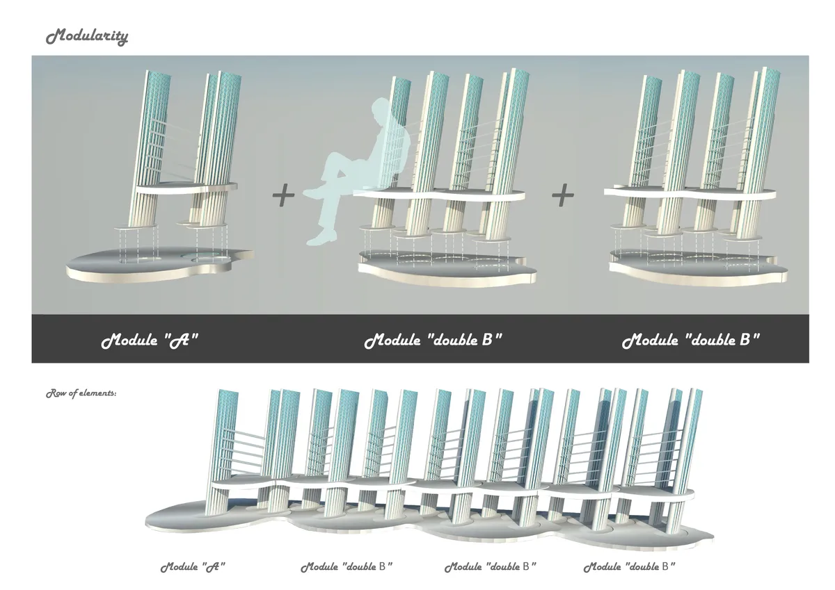 Architectural - sculptural  vision of bench design in Rotterdam