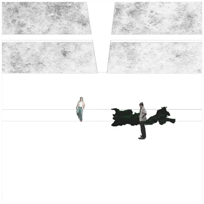 The image presents an abstract architectural concept, featuring geometric forms and a minimalist des