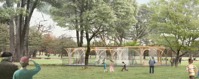 This architectural image showcases a contemporary pavilion in a park setting. The pavilion features 