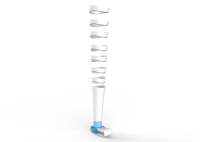 The image is a 3D render of a product design in an exploded view. The design features a white cylind