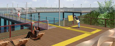 This architectural rendering showcases a modern waterfront pier and deck design. The space features 