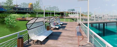 This architectural image showcases a waterfront pier with modern design elements. The pier features 