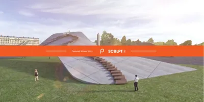 The image is a 3D architectural rendering of a modern sculpture or art installation in a park-like s