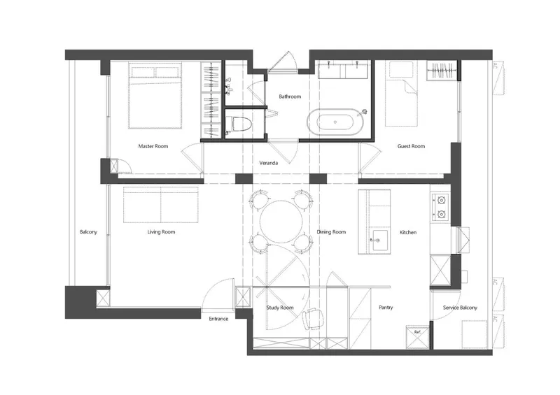 Floor plan drawing showing an apartment with central living and dining spaces flanked by bedrooms and bathrooms