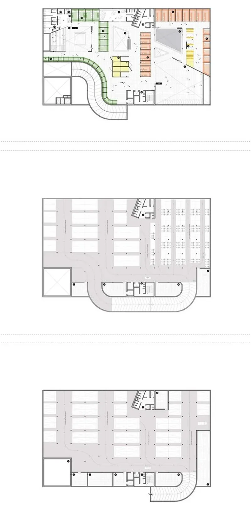 First, Second, and Third Floor Plans: Market, parking, services.