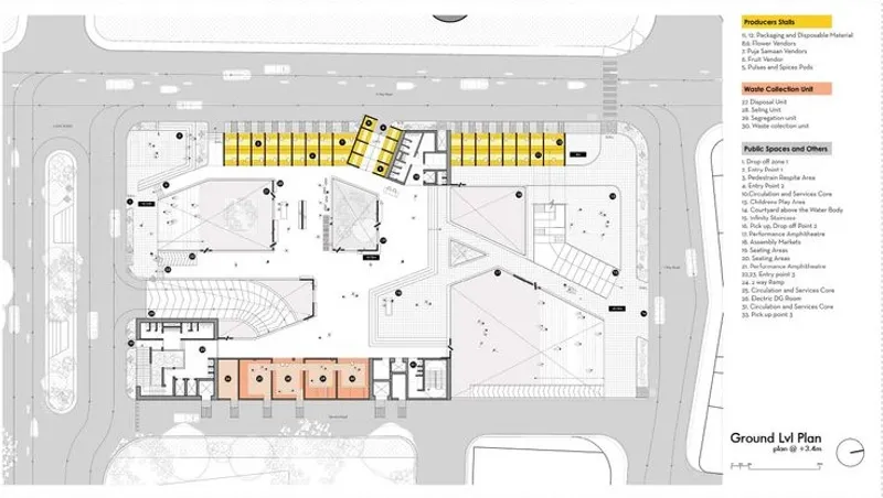 Ground floor plan: Producer stalls, waste collection, public spaces.