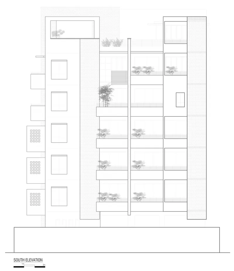 South elevation drawing showing stacked balconies with planted terraces across the facade