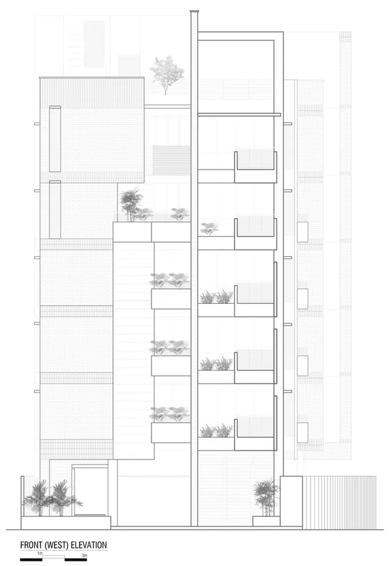 Front west elevation drawing depicting multiple floors with integrated planted terraces and perforated screening