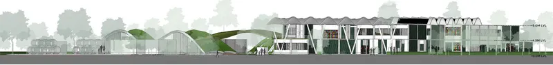 Architectural elevation of Swayam’s Wastescape Community, showcasing modular structures, green roofs, and sustainable design elements