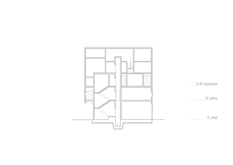 Section drawing revealing central stairwell connecting retail, office and residential floors in a compact volume