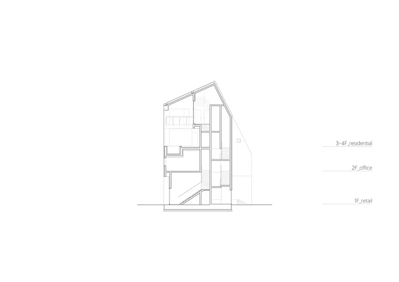 Section drawing showing four stacked floors with sloped roofline and interior stairs connecting the levels