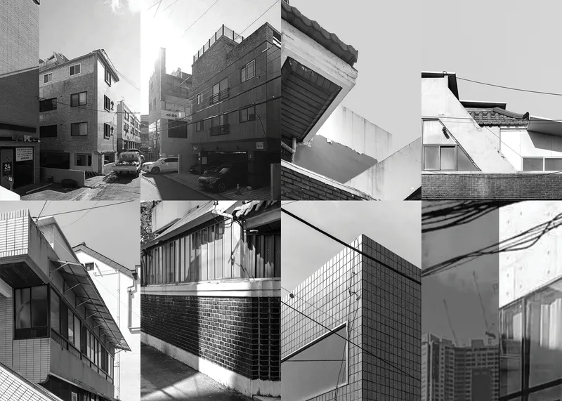 Collage of six views showing faceted facades, brick walls, and angled rooflines in an urban neighborhood
