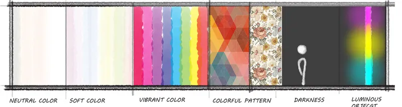 A palette of neutral, soft, vibrant colors, and luminous objects, fostering mood-specific sensory experiences.