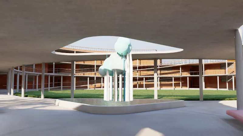 A central courtyard with a calming water feature designed to enhance sensory stimulation and relaxation.