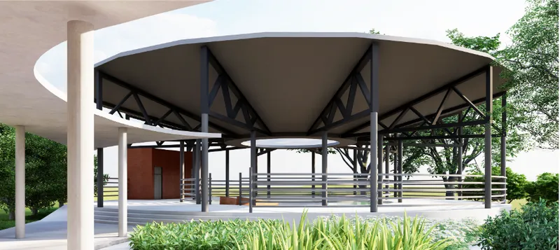 An open pavilion structure promoting natural ventilation and community engagement within a serene environment.