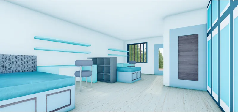 A serene, sensory-friendly dormitory design, blending functionality and comfort to support neurodiverse needs and foster inclusivity.