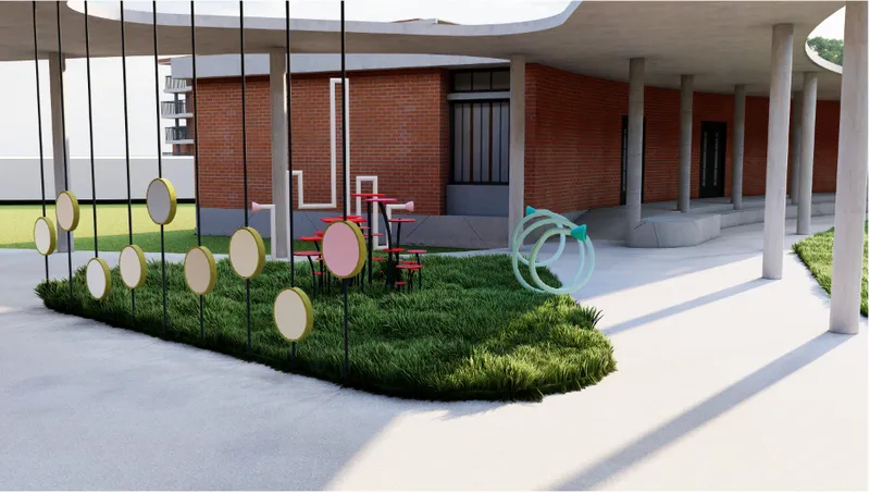 A playful outdoor space designed to foster interaction and sensory engagement, blending functionality with aesthetic charm.