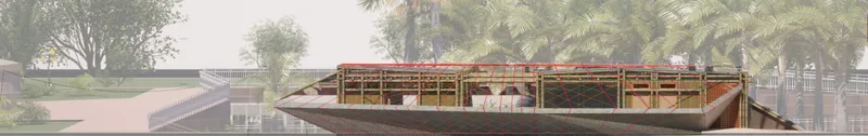 Showcasing the bamboo structure and sustainable elements.