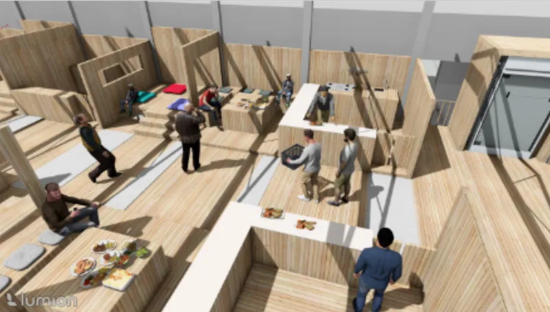 Dining Spaces: Modular wooden design for dining and rest.