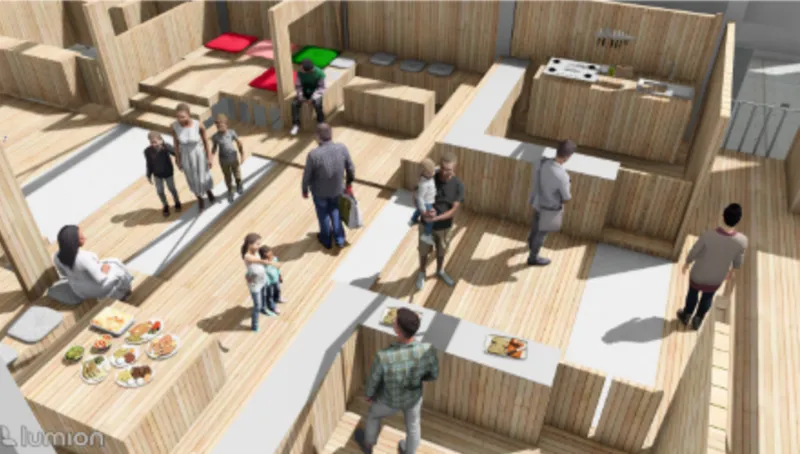 Community Hub: Inclusive spaces for families and workers.