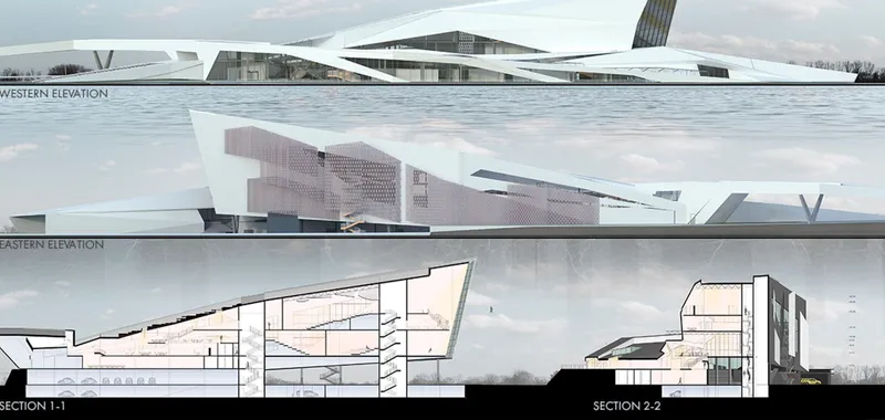 Architectural elevations and sections highlight the intricate design and multifunctional structure of the Cultural Center.