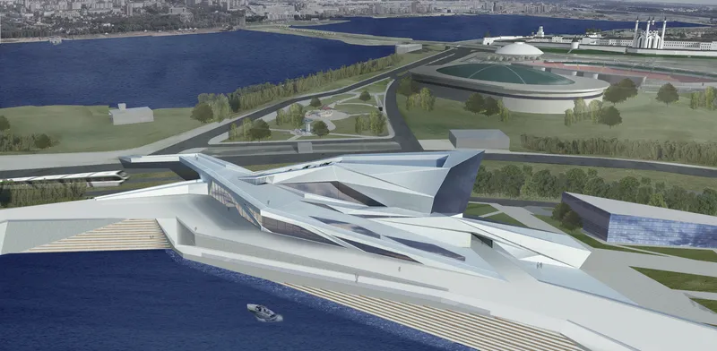 An aerial view showcasing the Cultural Center's seamless integration with the surrounding urban and natural landscapes.
