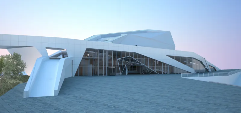 Dynamic pathways and glass elements define the Cultural Center's contemporary architectural identity.