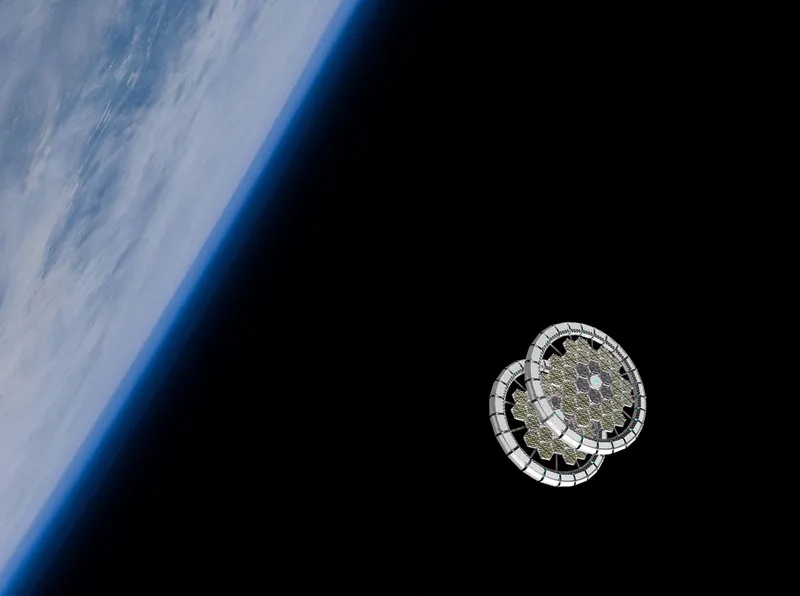 A rendered view of the modular ring, showcasing solar panels and structural integrity.