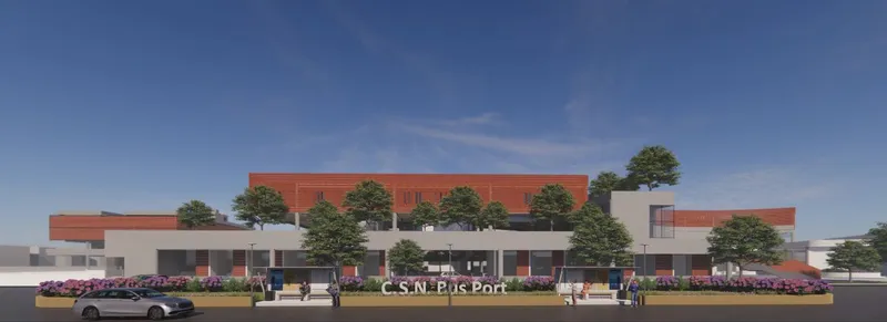 Front elevation of the C.S.N. Bus Port showcasing its innovative design, sustainable architecture, and community-centric spaces.