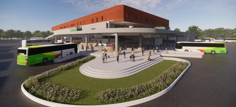 A modern bus terminal seamlessly integrating public transportation, community spaces, and sustainable design principles in Aurangabad.