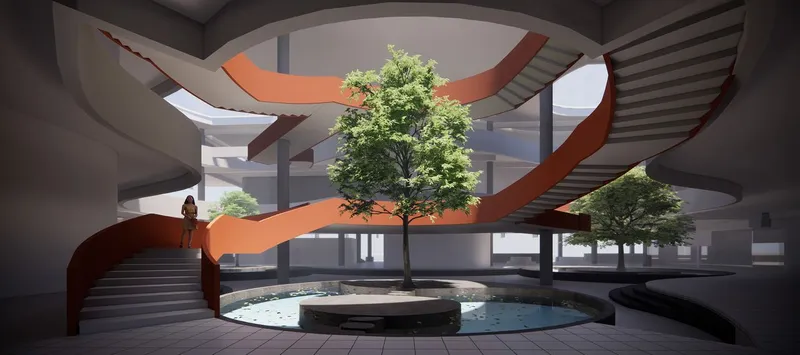 Interior view of the C.S.N. Bus Port featuring a central courtyard with green landscaping, natural light, and dynamic spiral staircases.