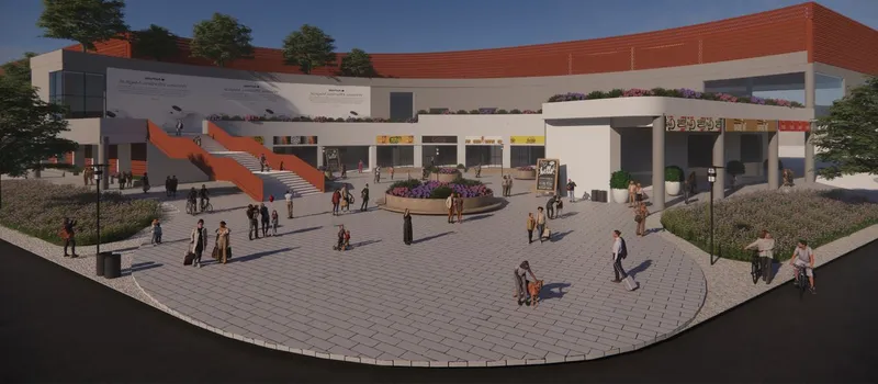 Vibrant courtyard of the C.S.N. Bus Port, blending community interactions, retail spaces, and sustainable landscaping for a modern transit experience.