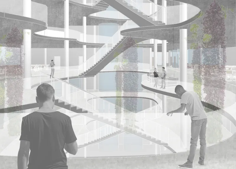 Dynamic atrium: An open, interactive space with cascading staircases and greenery, fostering collaboration and creativity.