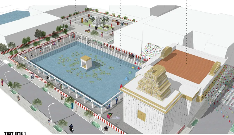 A revitalized temple precinct integrating water tanks, public spaces, and ecological restoration for community engagement.