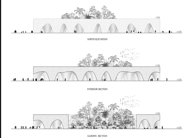 Architectural sections showcasing the harmony of nature and design in the revitalized Aleppo project.