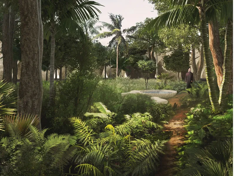 A lush green sanctuary offering tranquility and hope amid the historic ruins of Aleppo.