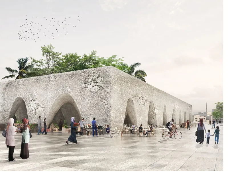Modern arches meet tradition in a revitalized Aleppo, fostering community, connection, and peace.
