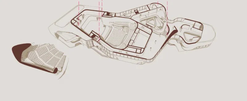Exploded axonometric view of the Cultural Centre.