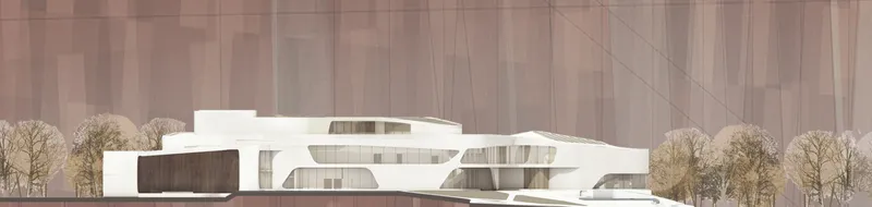 Elevation view of the Cultural Centre, highlighting its modern design.
