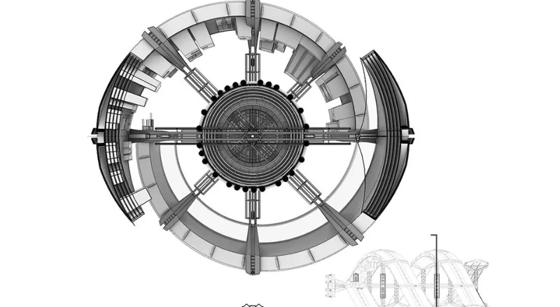 Detailed circular design of the Manhattan n.2 habitat, illustrating a balanced integration of technology and structure.