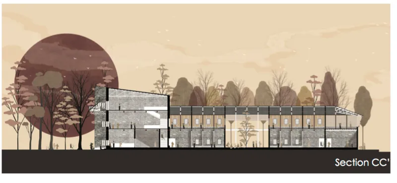 Sectional perspective presenting architectural balance with nature.
